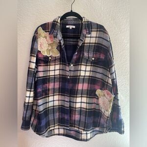 Madewell up cycled roses, bleach dyed in blue, purple, and yellow Plaid flannel